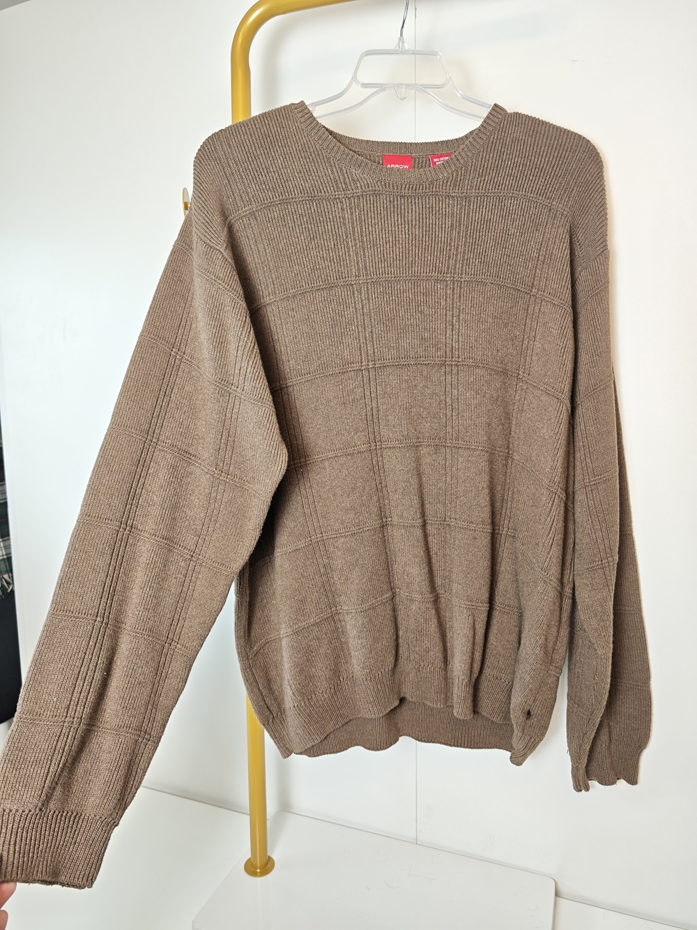Arrow Mens Tan Brown Grid Knit Crewneck Cotton Sweater XL 52K4171